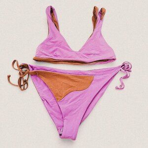 L*space pink brown swirl retro print tie vneck bikini set Size small large